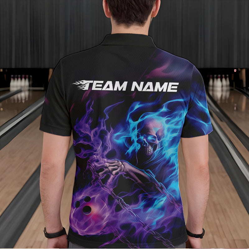 Custom Blue And Purple Flame Skull Bowling Polo Shirts For Men, Fire Bowling Team Shirts IPHW8473