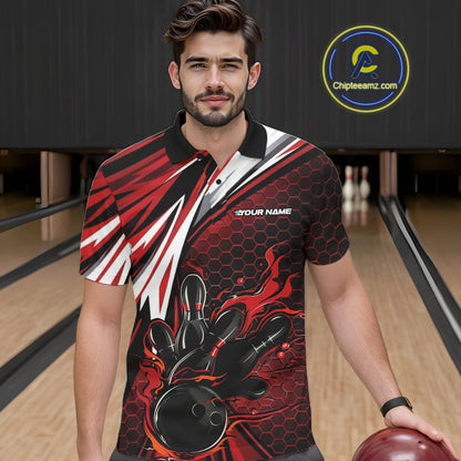 Custom Red Flame Bowling Jerseys For Men, Hexagon Bowling Team Tournament Shirt IPHW10556