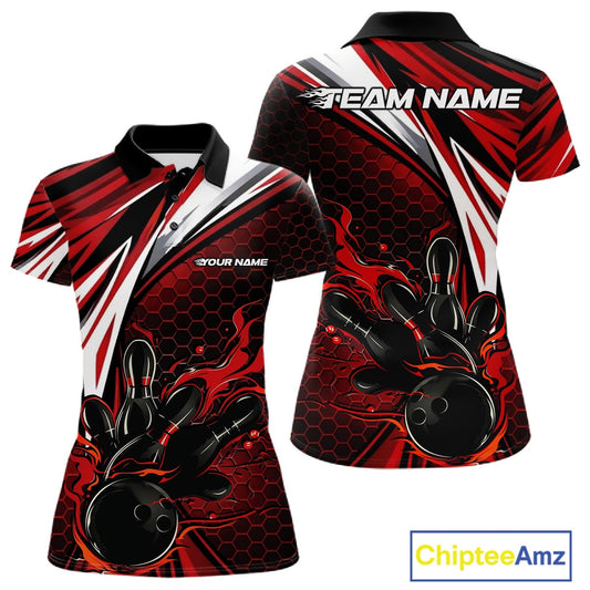 Custom Red Flame Bowling Jerseys For Women, Hexagon Bowling Team Tournament Shirt IPHW10556