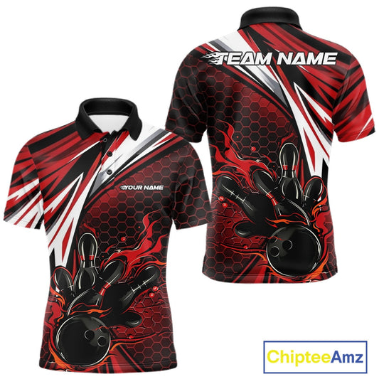 Custom Red Flame Bowling Jerseys For Men, Hexagon Bowling Team Tournament Shirt IPHW10556