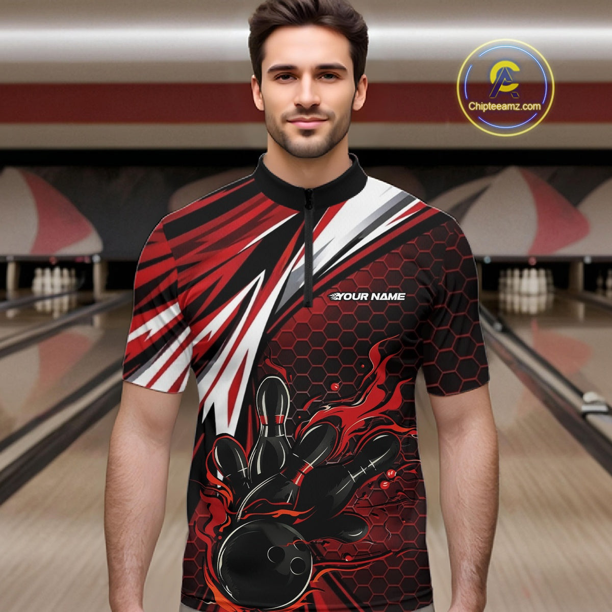 Custom Red Flame Bowling Jerseys For Men, Hexagon Bowling Team Tournament Shirt IPHW10556