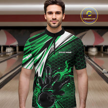 Load image into Gallery viewer, Custom Green Flame Bowling Jerseys For Men, Hexagon Bowling Team Tournament Shirt IPHW10558
