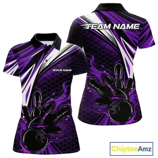 Custom Purple Flame Bowling Jerseys For Women, Hexagon Bowling Team Tournament Shirt IPHW10559