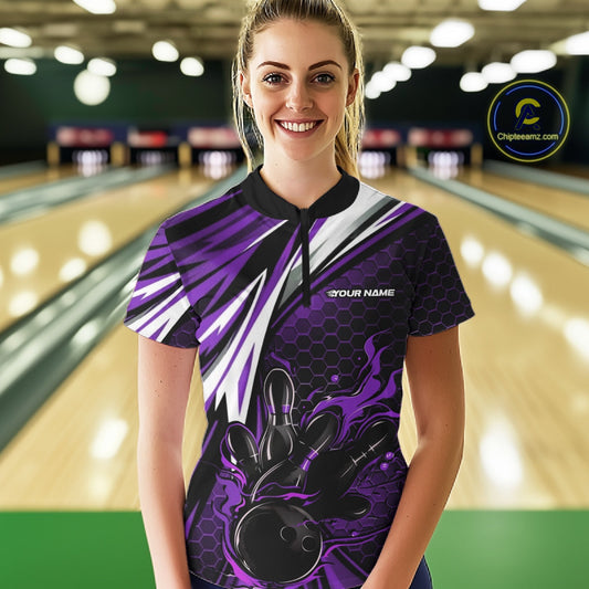 Custom Purple Flame Bowling Jerseys For Women, Hexagon Bowling Team Tournament Shirt IPHW10559