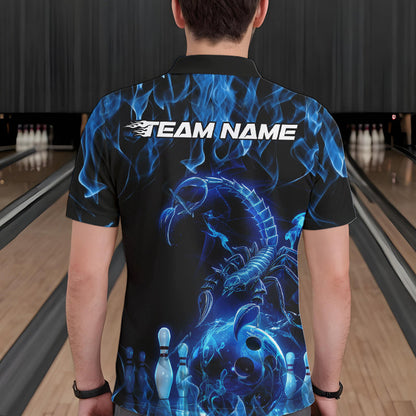 Custom Black And Blue Flame Scorpio Zodiac Bowling Men Polo Shirts, Scorpion Bowler Outfit IPHW8972