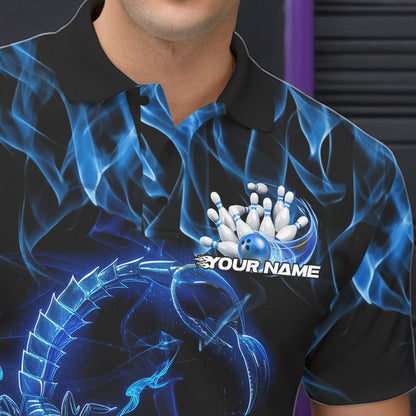 Custom Black And Blue Flame Scorpio Zodiac Bowling Men Polo Shirts, Scorpion Bowler Outfit IPHW8972