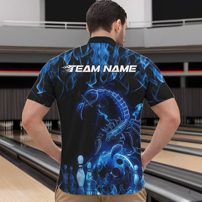 Custom Black And Blue Flame Scorpio Zodiac Bowling Men Quarter-Zip Shirts, Scorpion Bowler Outfit IPHW8972