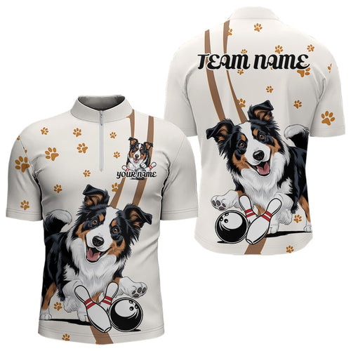 Custom Funny Border Collie Dog Bowling Men Quarter-Zip Shirts, Dog Paw Print Bowler Outfit IPHW8974