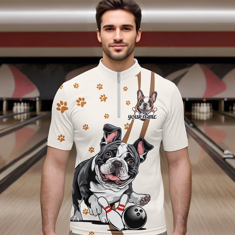 Custom Funny French Bulldog Bowling Men Quarter-Zip Shirts, Dog Paw Print Bowler Outfit IPHW8975