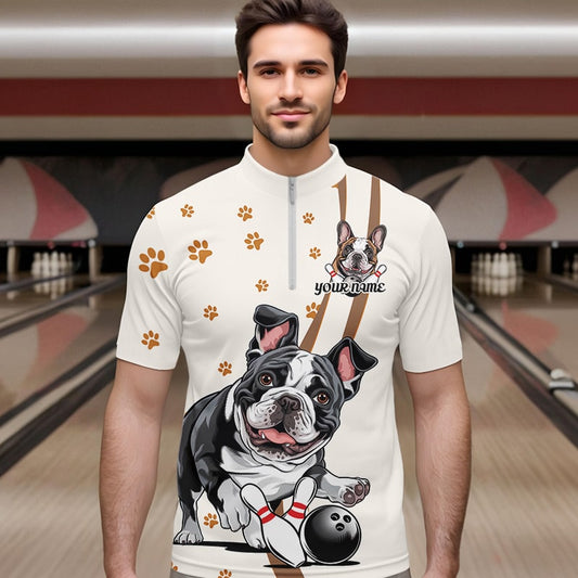 Custom Funny French Bulldog Bowling Men Quarter-Zip Shirts, Dog Paw Print Bowler Outfit IPHW8975