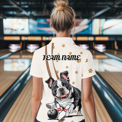 Custom Funny French Bulldog Bowling Women Quarter-Zip Shirts, Dog Paw Print Bowler Outfit IPHW8975