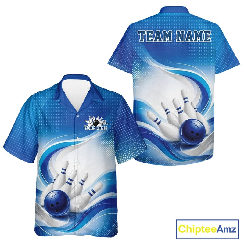 Front and back mockup of a white and blue button-up bowling shirt featuring flowing line motifs and a dynamic bowling illustration