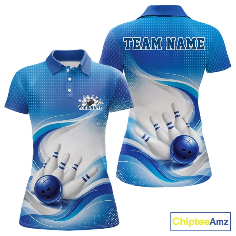 Front and back view of a womens white and blue bowling polo shirt mockup featuring flowing wave artwork and a glossy bowling ball striking the pins