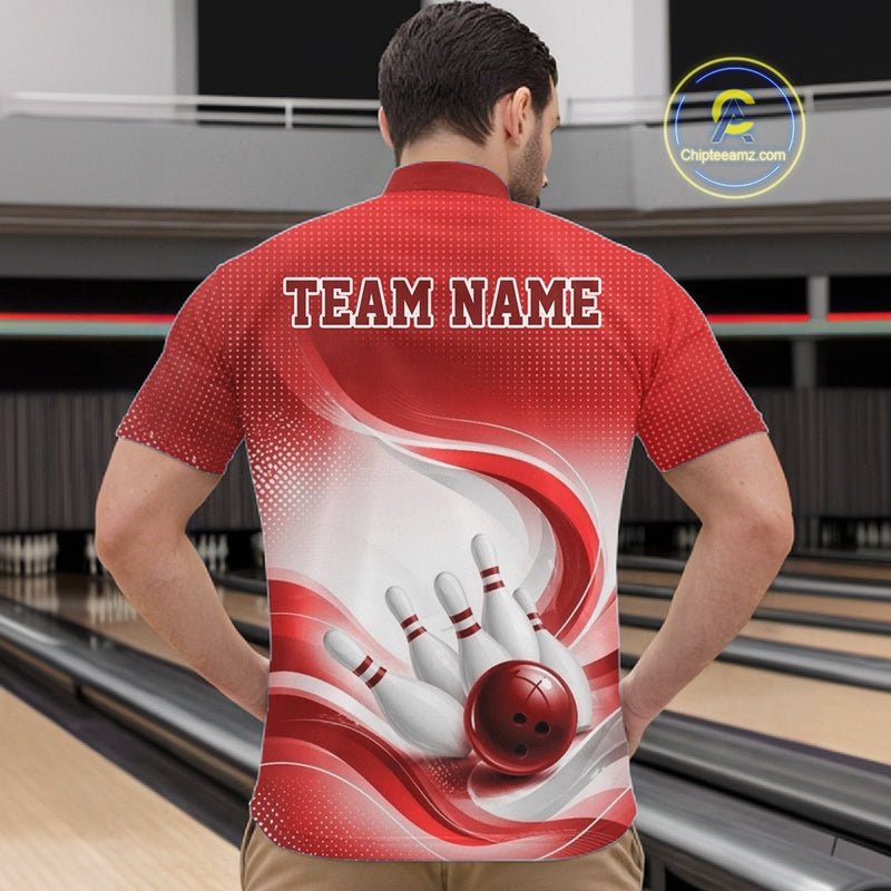 Front view of a male model wearing a white and red bowling quarter-zip shirt with flowing abstract patterns and a bowling ball hitting the pins