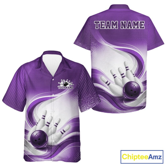 Front and back view of a white and purple button-up bowling shirt mockup decorated with flowing abstract artwork and bowling graphics