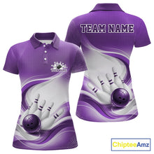 Load image into Gallery viewer, Custom Bowling Tournament Polo Shirts For Women, Bowling League Team Shirt | Purple IPHW11373