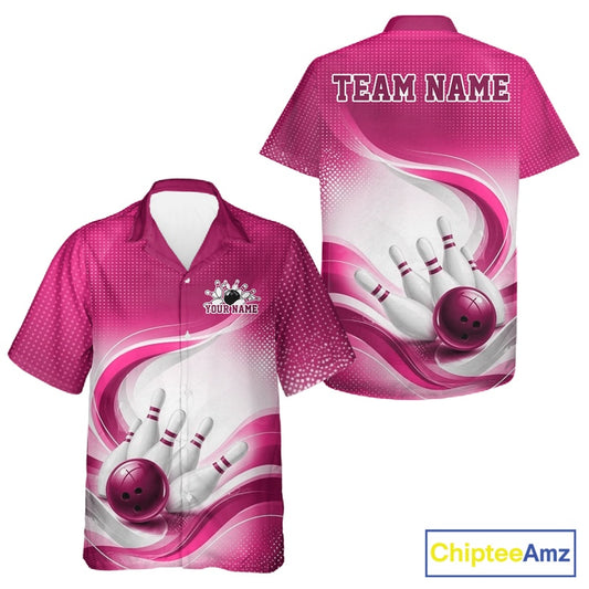 Front and back mockup of a white and pink button-up bowling shirt decorated with flowing abstract graphics and a bowling ball hitting the pins