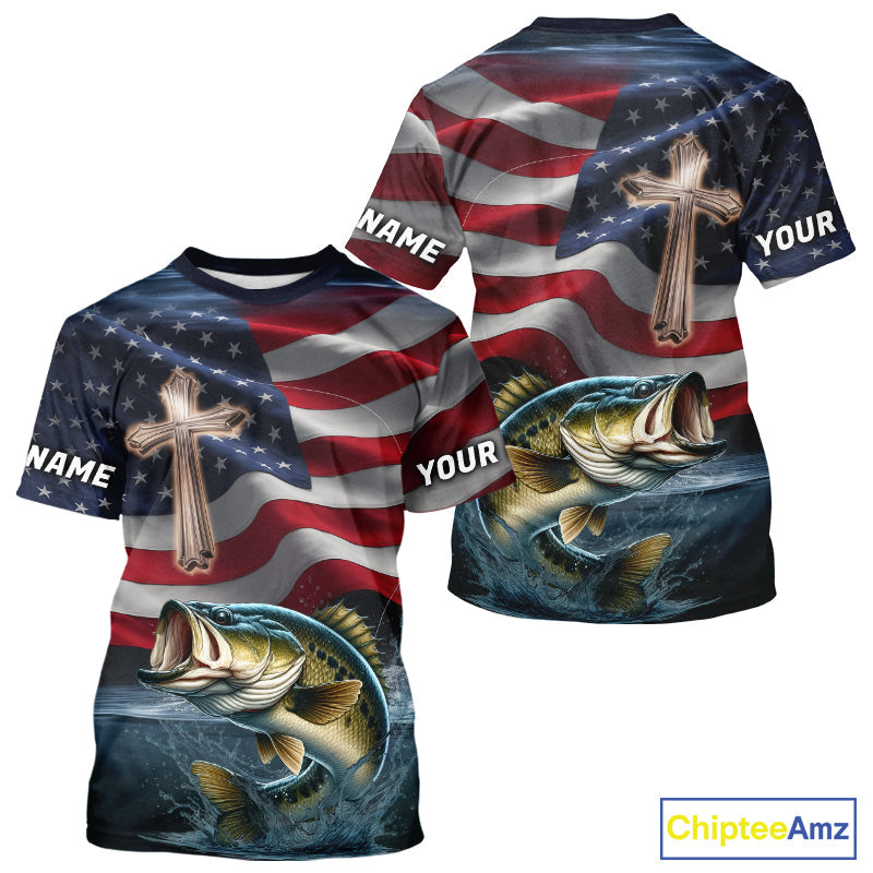 Custom American Flag Cross Faith Largemouth Bass Tournament Fishing T-Shirt IPHW9201