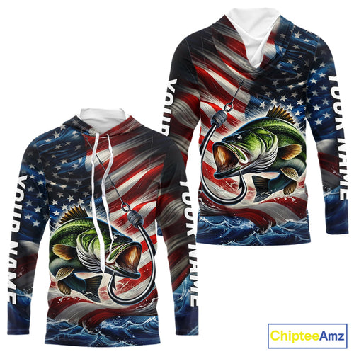 Custom Patriotic Largemouth Bass Long Sleeve Hooded Fishing Shirts, US Flag Fish Hook Bass Jerseys IPHW9207