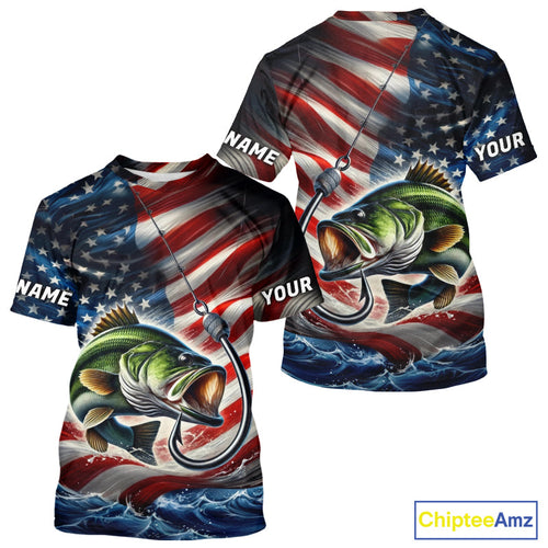 Custom Patriotic Largemouth Bass Fishing T-Shirts, US Flag Fish Hook Bass Jerseys IPHW9207