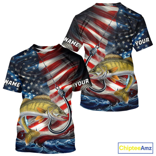 Custom Patriotic Walleye Fishing T-Shirts, US Flag Fish Hook Walleye Jerseys IPHW9208