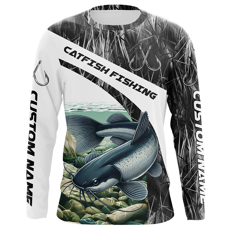 Gray Camo Custom Catfish Fishing Long Sleeve Fishing Shirts, Catfish Fishing Jerseys IPHW7016