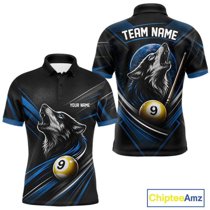Custom Black And Blue Wolf 9 Ball Billiards Men Polo Shirt, Billiards Team Jersey IPHW11673