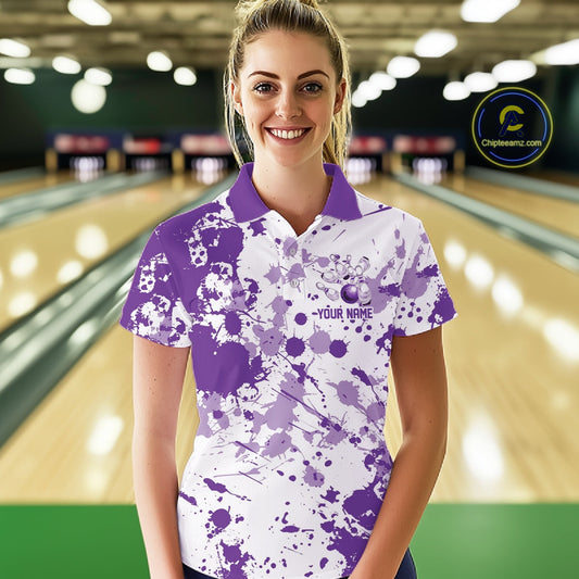 Custom Purple Splatter Bowling Team League Shirts For Women, Bowling Jerseys Bowler Outfit IPHW10595