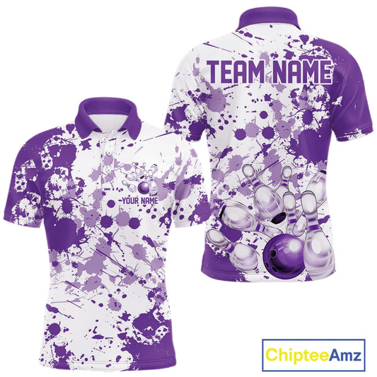 Custom Purple Splatter Bowling Team League Shirts For Men, Bowling Jerseys Bowler Outfit IPHW10595