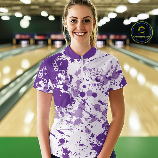 Custom Purple Splatter Bowling Team League Shirt For Women, Bowling Jersey Bowler Outfit IPHW10595
