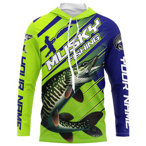 Musky Custom Long Sleeve Tournament Fishing Shirts, Muskie Fishing Jerseys | Green And Blue IPHW6211