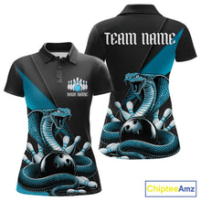 Load image into Gallery viewer, Custom Black And Blue Cobra Snake Bowling Team Jerseys, Women Bowling Polo Shirts IPHW11086