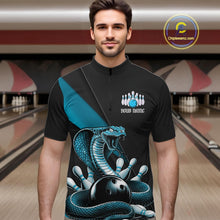 Load image into Gallery viewer, Custom Black And Blue Cobra Snake Bowling Team Jerseys, Men Bowling Quarter-Zip Shirts IPHW11086