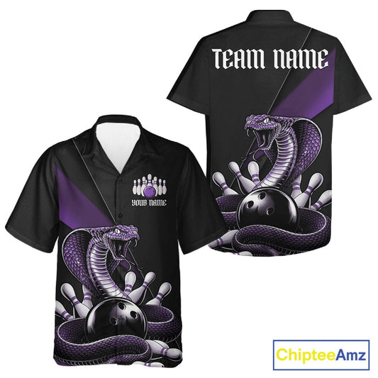Front and back black button-up bowling shirt showcasing a purple cobra, bowling ball, and scattered bowling pins.