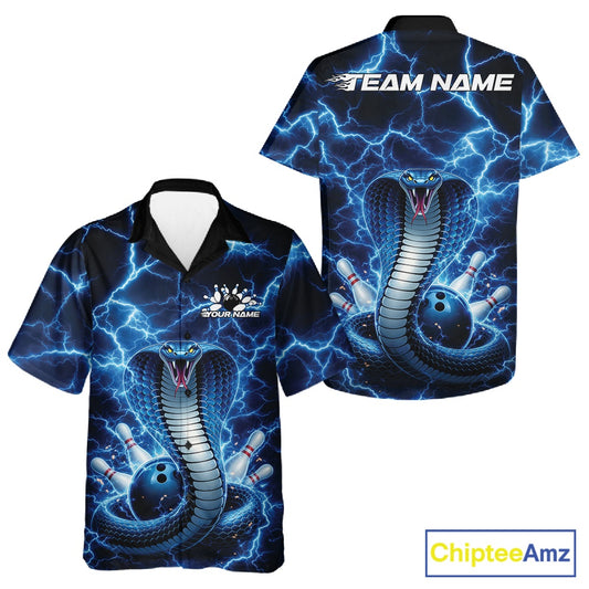 Button-up bowling shirt mockup showcasing a blue cobra coiled around a bowling ball with lightning accents.