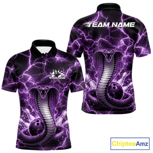 Front and back mens bowling polo featuring a purple cobra coiled around a bowling ball with dramatic lightning background artwork.