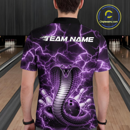 Back view of a mens bowling polo showcasing a purple cobra and bowling ball design with electrifying lightning accents.
