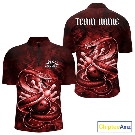 Front and back mens bowling quarter-zip featuring a red cobra coiled around a bowling ball with scattered bowling pins.