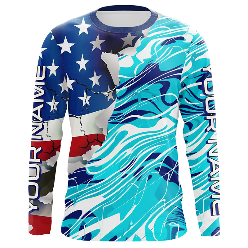 Custom American Flag Blue Camo Long Sleeve Shirts, Patriotic Performance Fishing Shirts IPHW6534