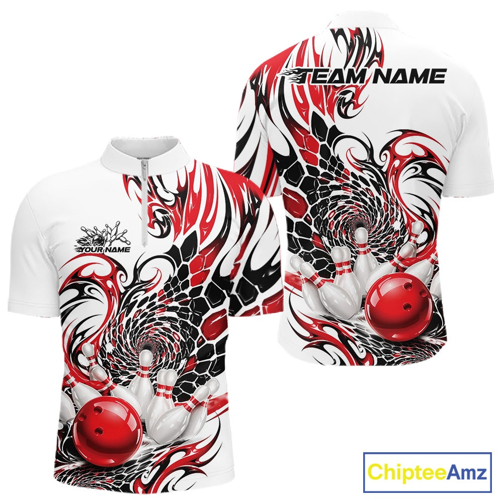 Front and back mockup of a mens white bowling quarter zip shirt featuring a red and black tribal honeycomb pattern with a glossy red bowling ball striking pins