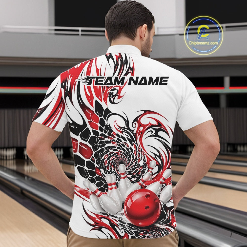 Front view of a male model wearing a white bowling quarter-zip featuring red and black tribal accents, textured patterns, and bowling pin artwork