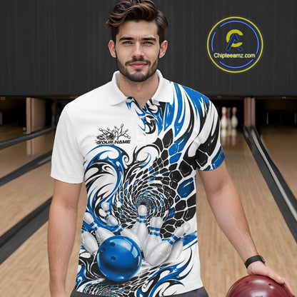 Male model in a bowling alley wearing a white bowling polo shirt with blue and black tribal motifs and a red bowling ball hitting the pins