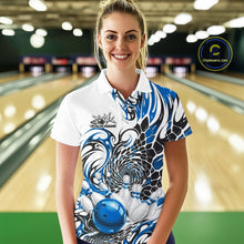 Load image into Gallery viewer, Custom Blue Tribal Flame Bowling Women Polo Shirt, Polygonal Bowling Jerseys IPHW11379