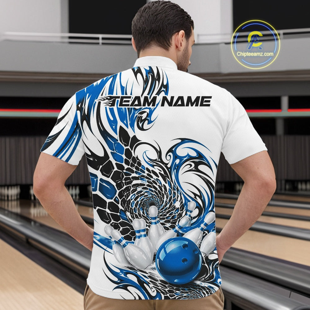Male model at the bowling lane wearing a white bowling quarter-zip shirt with blue and black tribal graphics and a glossy red bowling strike design