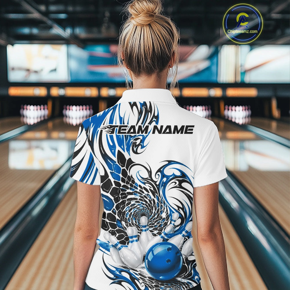 Back view of a female model in a white bowling quarter-zip shirt featuring blue and black tribal graphics and textured scale-inspired details