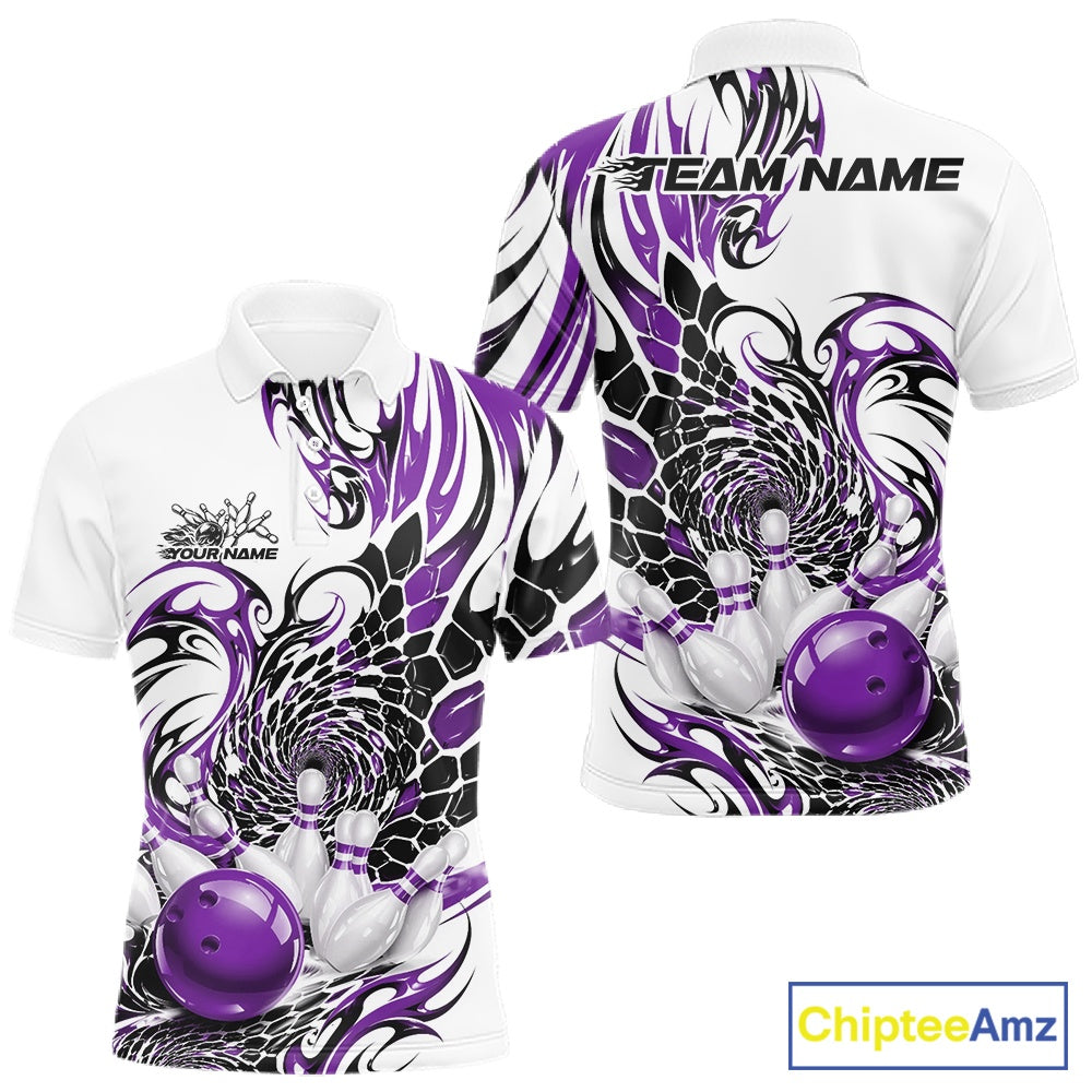 Mens white bowling polo shirt mockup shown from front and back with purple and black tribal patterns and a red bowling strike design