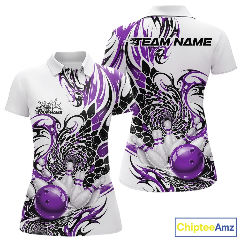 Womens white bowling polo shirt mockup displayed from front and back with purple and black tribal accents and a red bowling ball illustration