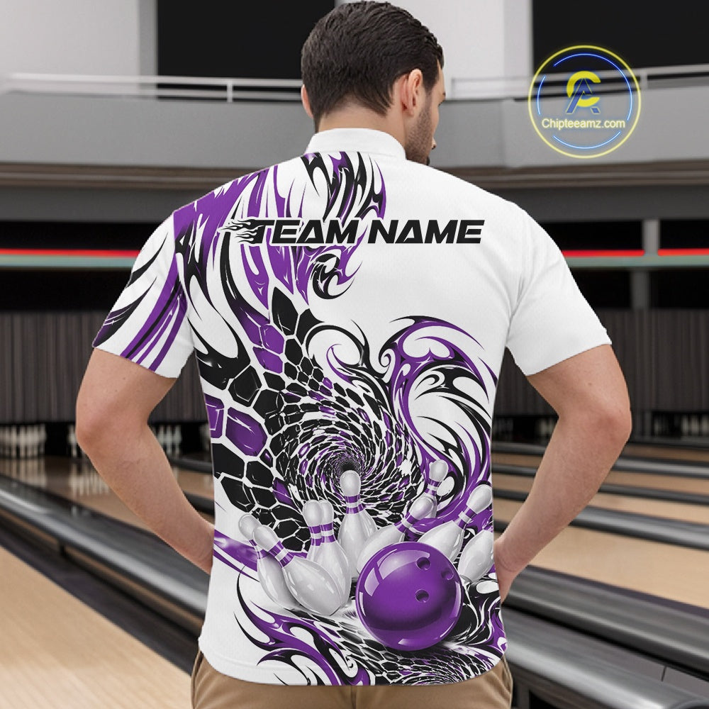 Male model at the bowling lane wearing a white quarter-zip bowling shirt featuring purple and black tribal graphics and a red bowling strike illustration