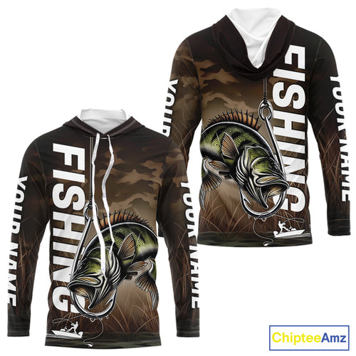 Brown Camouflage Fish Hook Custom Largemouth Bass Long Sleeve Hooded Tournament Fishing Shirts IPHW9212