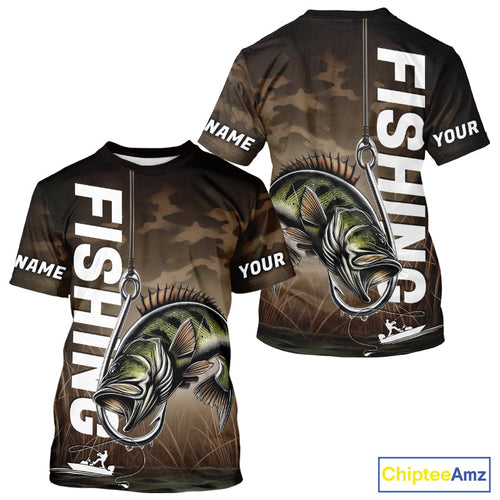 Brown Camouflage Fish Hook Custom Largemouth Bass Tournament Fishing T-Shirts IPHW9212
